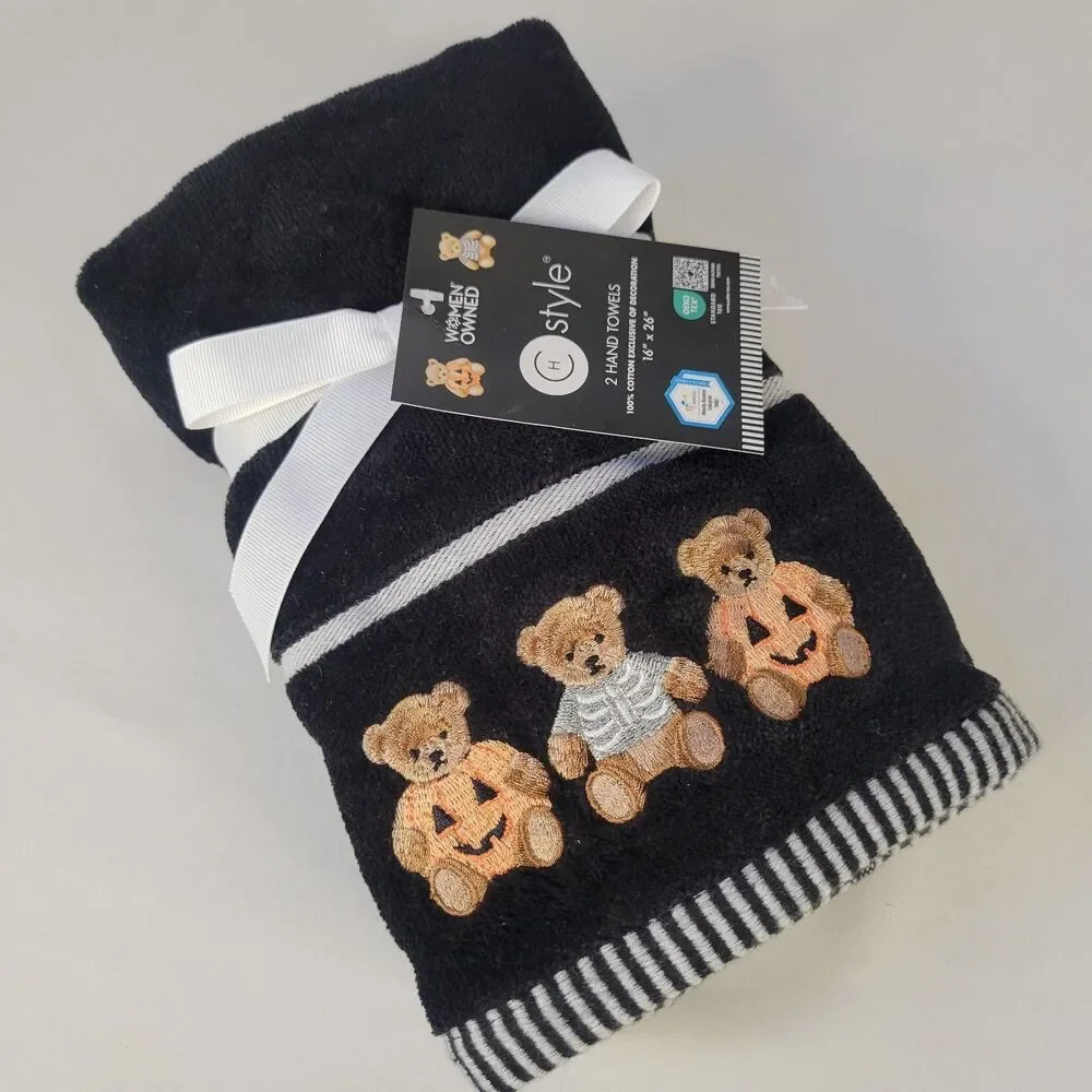 Set 2 Halloween Hand Towels Black White Cotton Teddy Bear Pumpkin Costume 16x26”